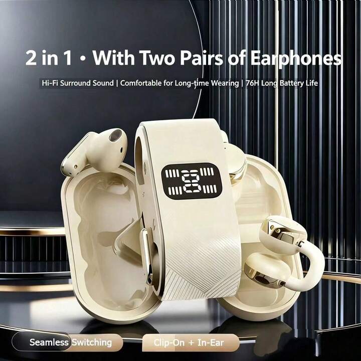 Écouteurs Bluetooth sans fil doubles 2 en 1, intra-auriculaires à clipser avec affichage LED de la batterie, suppression du bruit, pour partage en couple