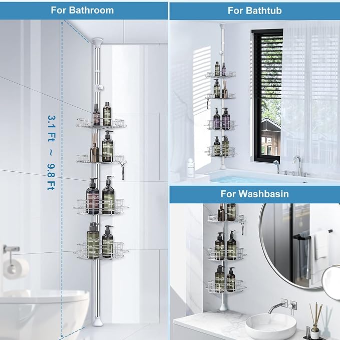 Étagère d'angle réglable à 4 niveaux pour douche, rangement d'angle pour salle de bain et baignoire, support gain de place avec barre de tension en acier inoxydable antirouille, à poser au sol
