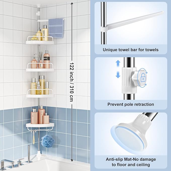 Étagère d'angle réglable à 4 niveaux pour douche, rangement d'angle pour salle de bain et baignoire, support gain de place avec barre de tension en acier inoxydable antirouille, à poser au sol
