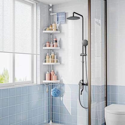 Étagère d'angle réglable à 4 niveaux pour douche, rangement d'angle pour salle de bain et baignoire, support gain de place avec barre de tension en acier inoxydable antirouille, à poser au sol
