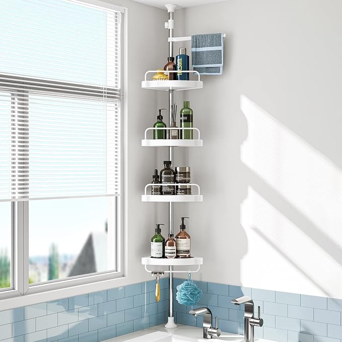 Étagère d'angle réglable à 4 niveaux pour douche, rangement d'angle pour salle de bain et baignoire, support gain de place avec barre de tension en acier inoxydable antirouille, à poser au sol