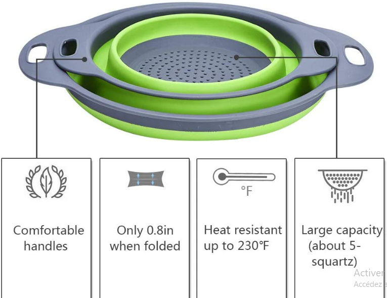 Lot de deux passoirs, paniers filtre pliable en silicone multicolore, pour la maison et la cuisine