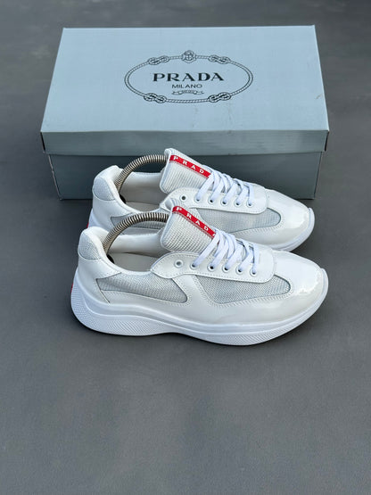 Baskets Prada America's Cup en cuir verni et tissu technique Blanc