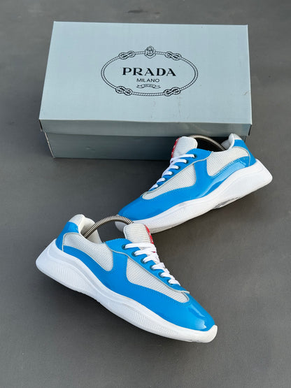Baskets Prada America's Cup en cuir verni et tissu technique Bleu-Blanc