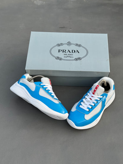 Baskets Prada America's Cup en cuir verni et tissu technique Bleu-Blanc
