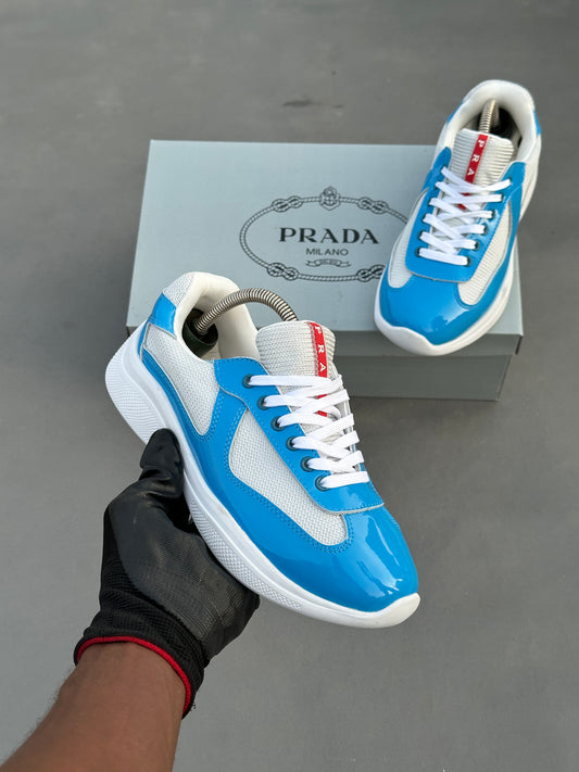 Baskets Prada America's Cup en cuir verni et tissu technique Bleu-Blanc
