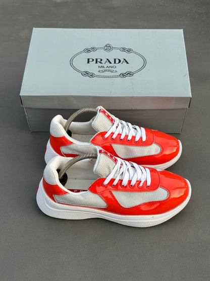 Baskets Prada America's Cup en cuir verni et tissu technique Rouge-Blanc