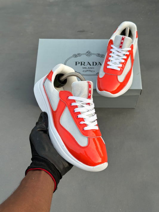 Baskets Prada America's Cup en cuir verni et tissu technique Rouge-Blanc